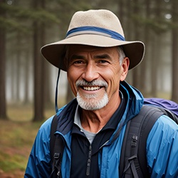 a hiker in the forest and smiling with dentures