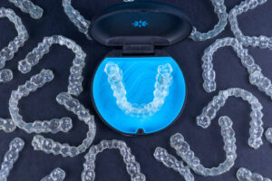 Clear aligners and blue storage case